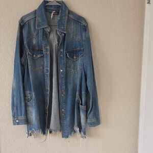 Free People Blue Distressed Jean Jacket